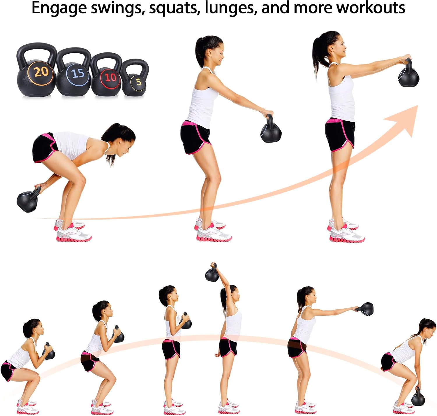 Kettlebell Sets 4 Piece Strength Training KettleBells Weight Set 5lb, 10lb, 15lb, 20lb HDPE Coated Concrete Kettle