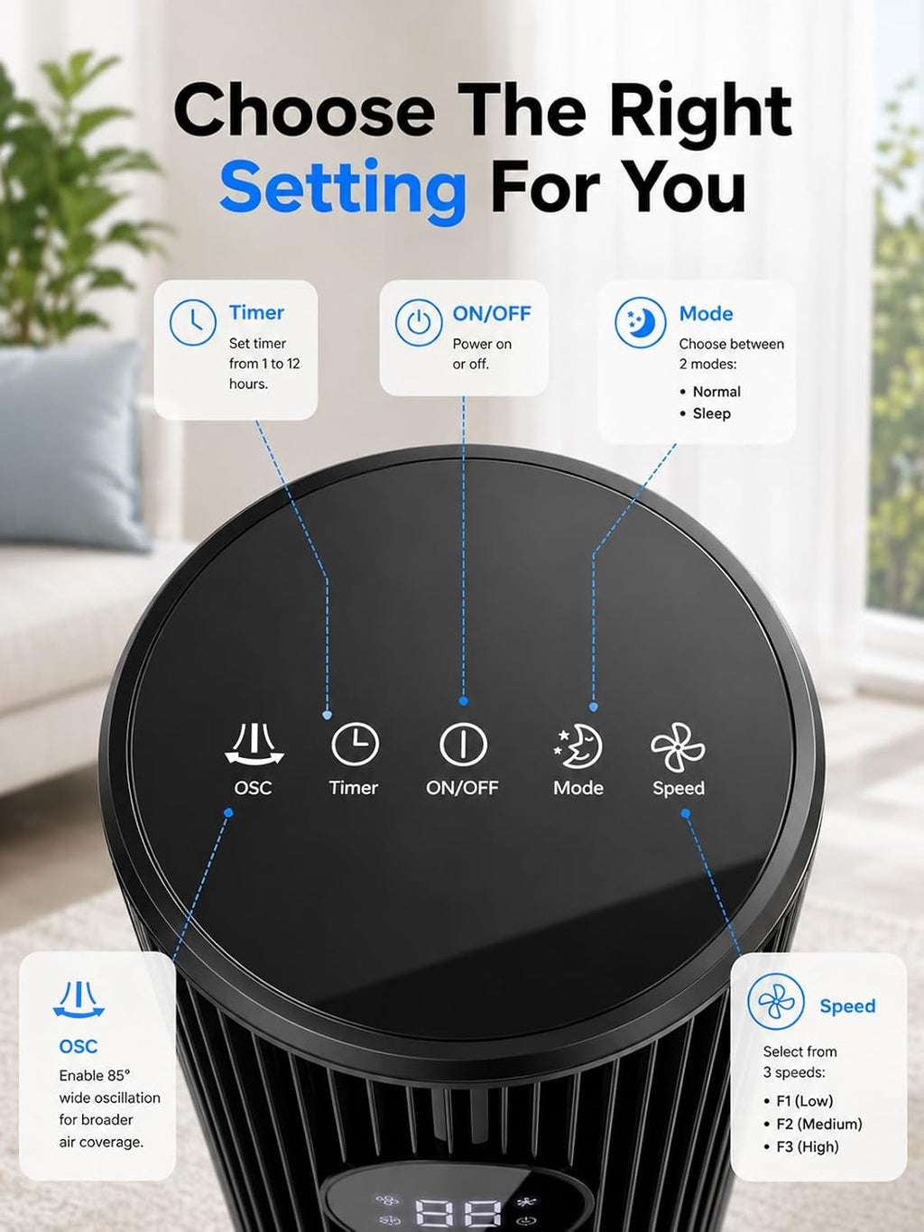 43'' Tower Fan for Bedroom, 85° Oscillating, 12H Timer, with Remote | 28dB Cooling with LED Display,3 Speeds, 2