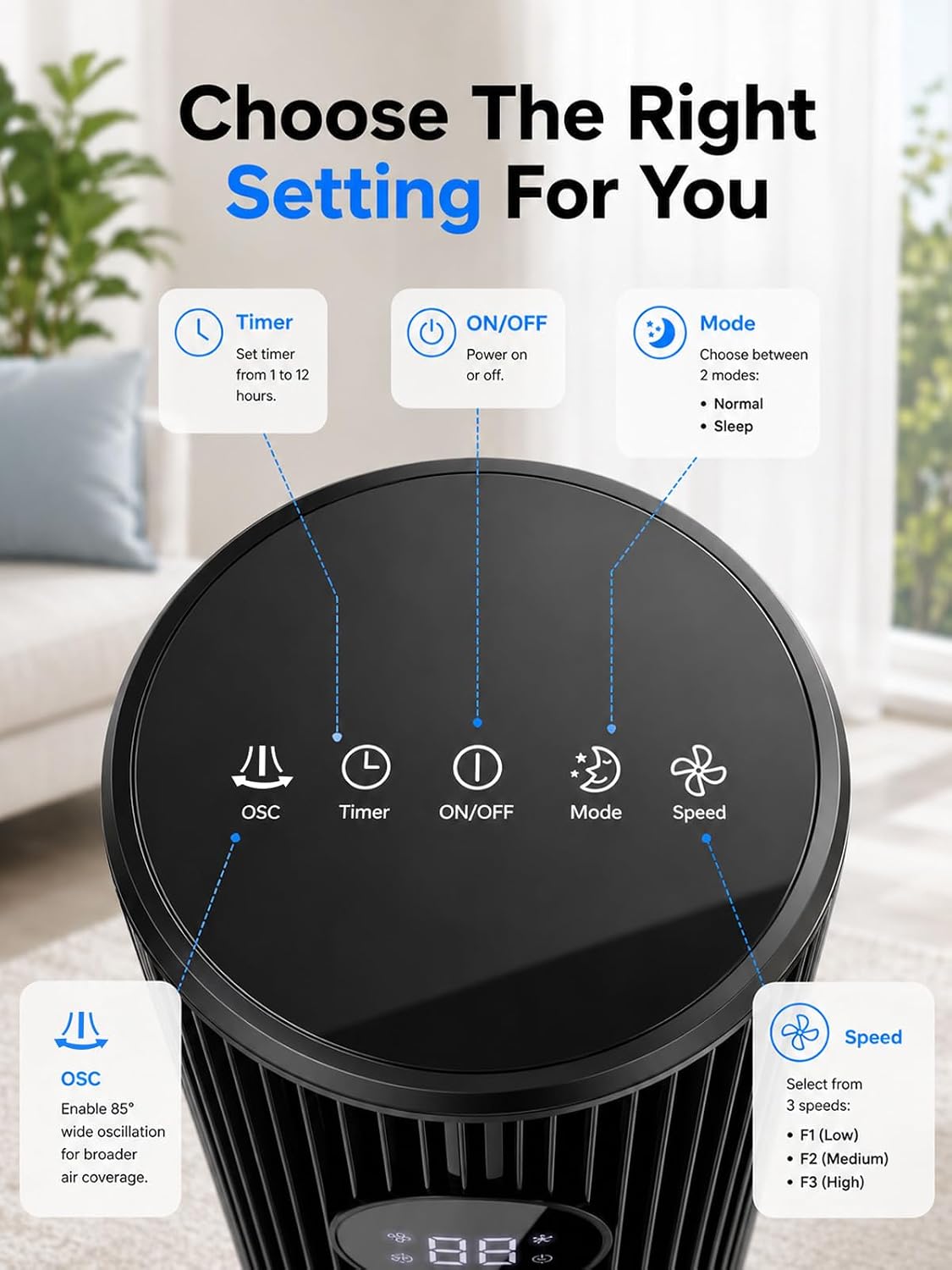 43'' Tower Fan for Bedroom, 85° Oscillating, 12H Timer, with Remote | 28dB Cooling with LED Display,3 Speeds, 2