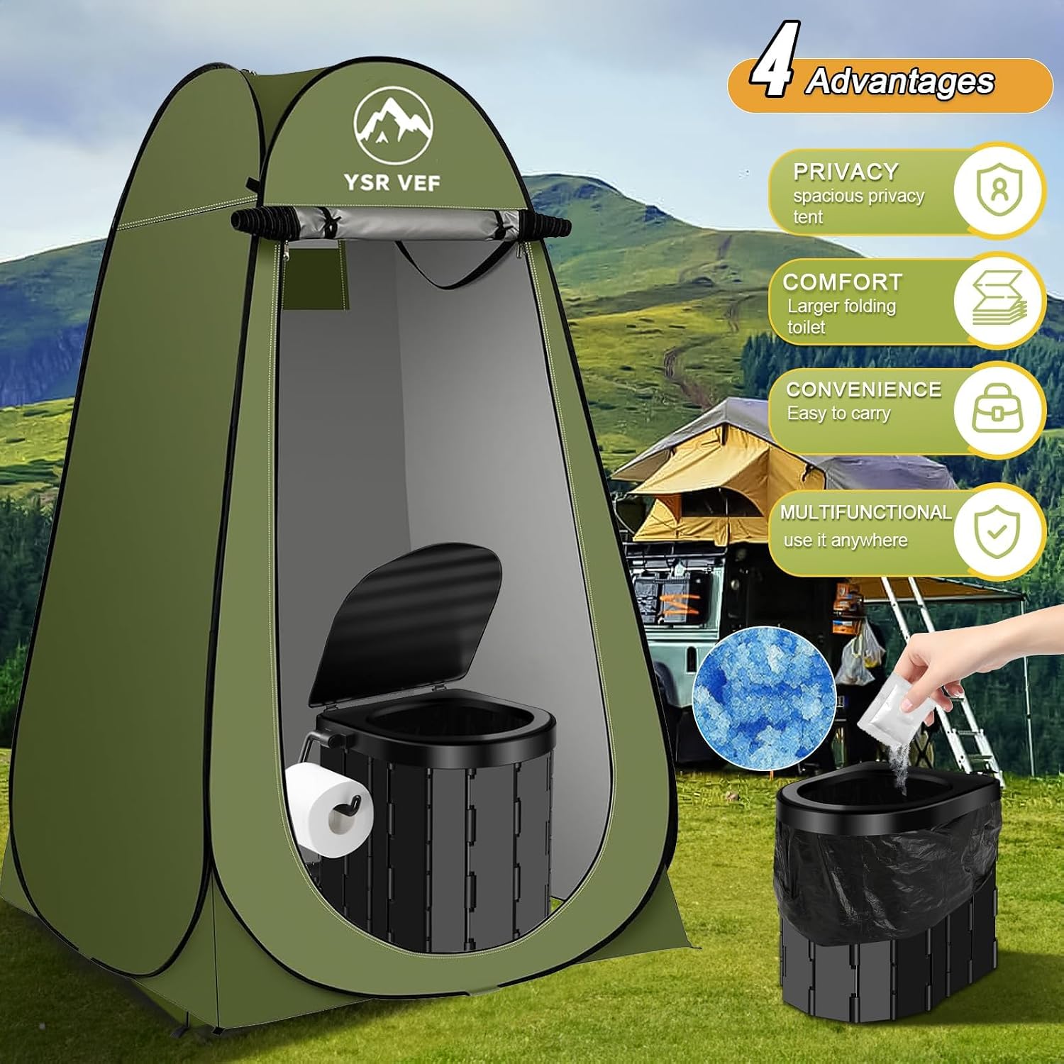 Portable Toilet Kit, Camping Toilet with Pop-Up Privacy Tent and Poo Gel Toilet Bags, Washable Portable Outdoor