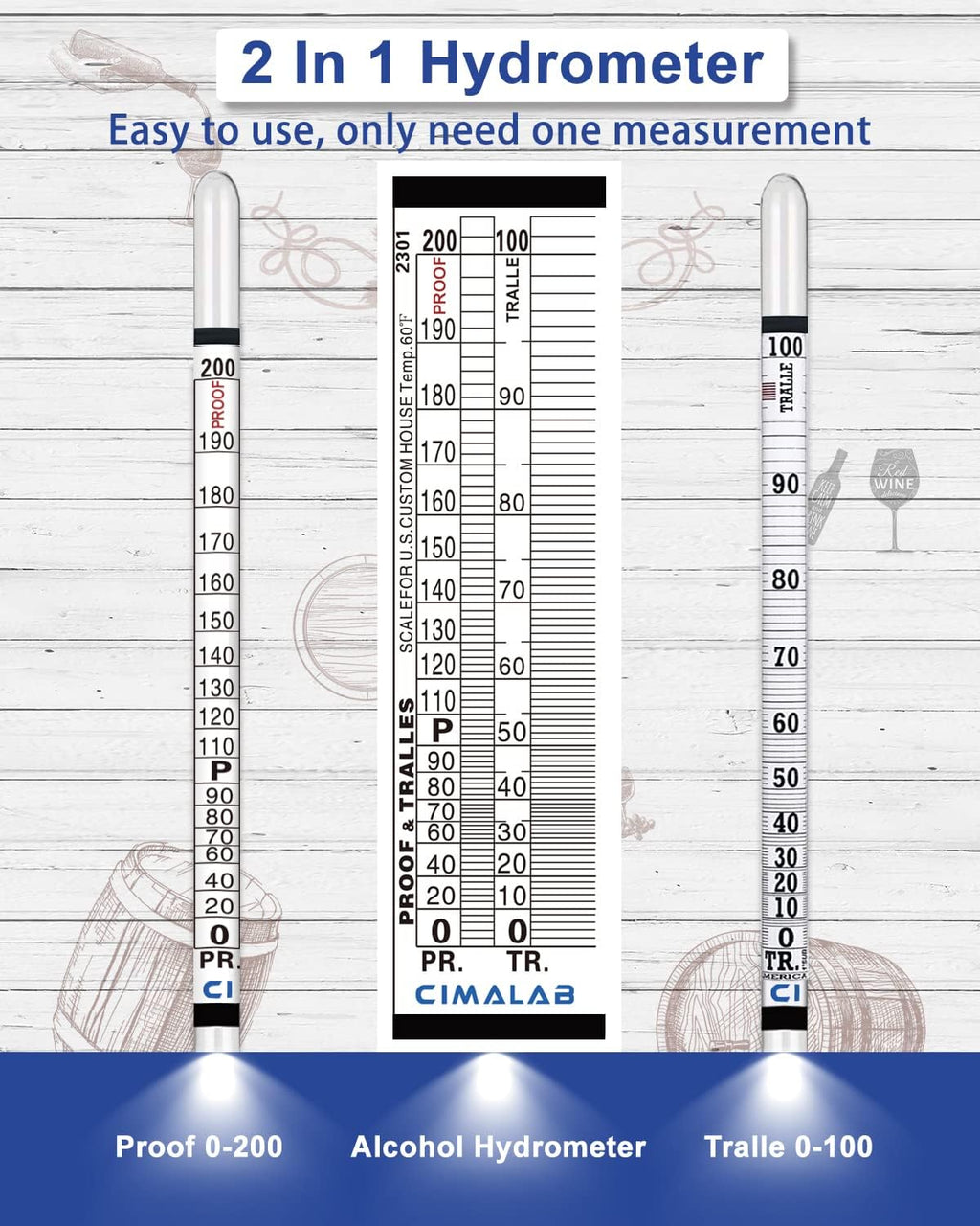 Hydrometer Alcohol Meter, Hydrometer Alcohol 0-200 Proof and Tralle Hydrometer, Alcohol Proof Tester for
