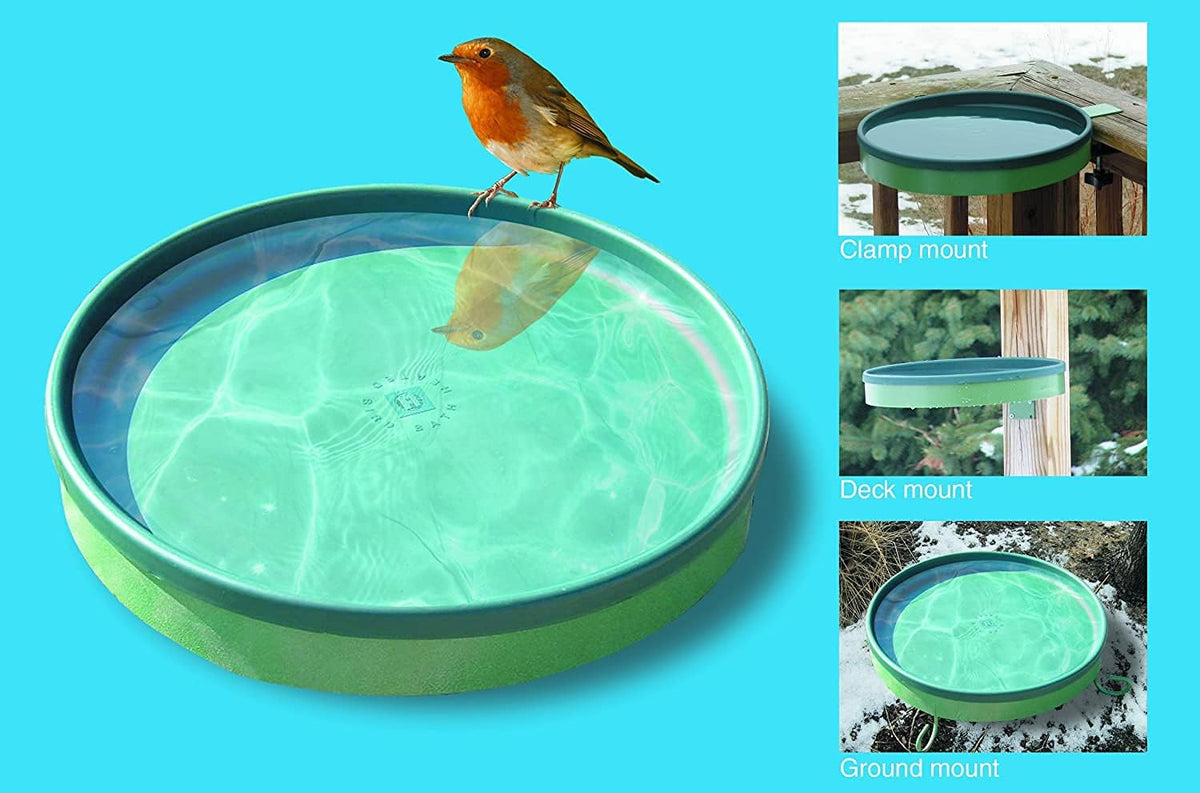 Heated Bird Bath, 1 Quart Capacity, Outdoor Decor Shallow Bath Tray for Birds - Birdbath with Deck, Clamp, and Ground