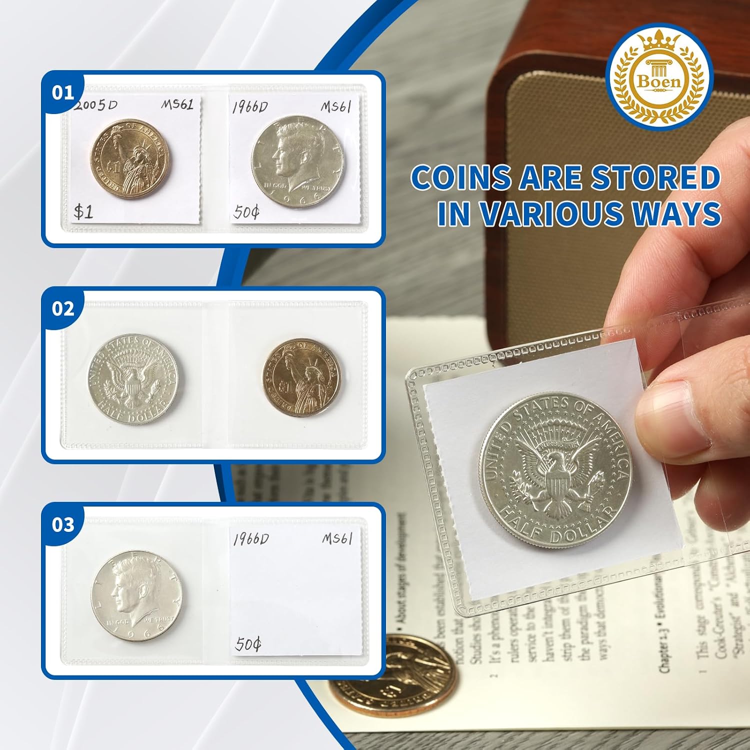 100 Pcs 2x2 Double Pocket Coin Flips with Paper Inserts | 200 Pockets Clear PVC Storage Coin Sleeves, Holders for