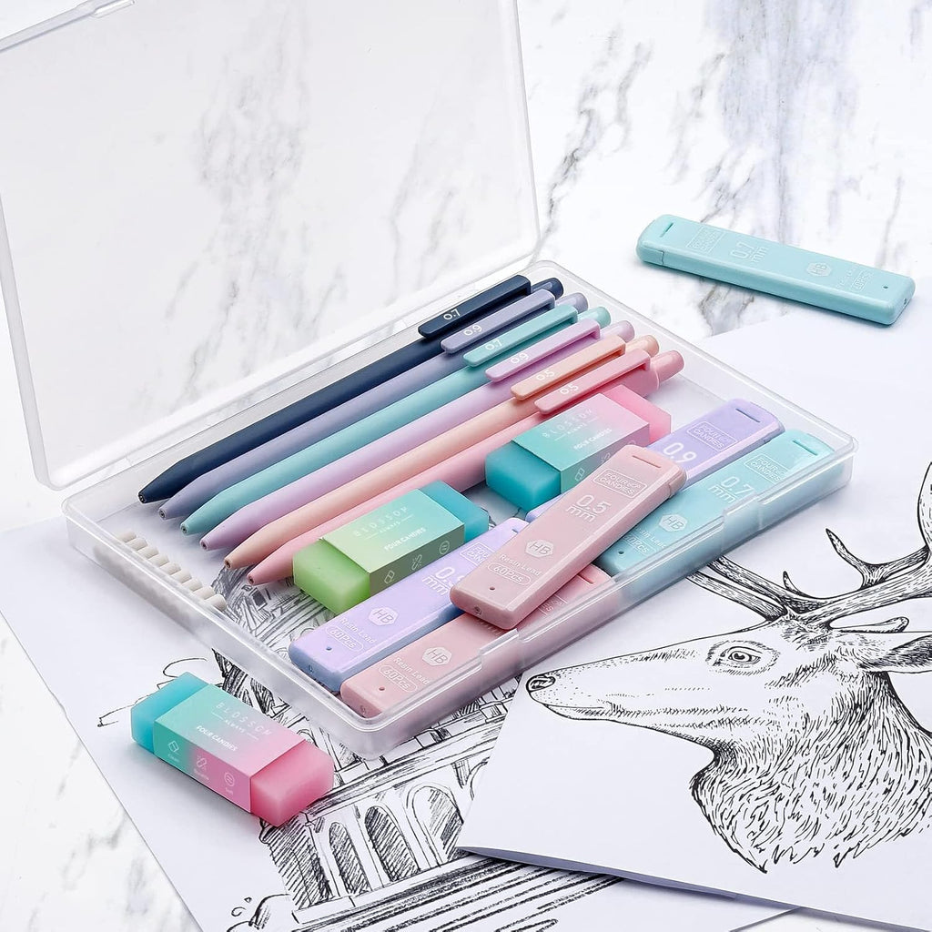 Cute Mechanical Pencil Set, 6-Pack with Case | 0.5/0.7/0.9mm with 360 Leads, 3 Erasers, 9 Eraser Refills, Back to