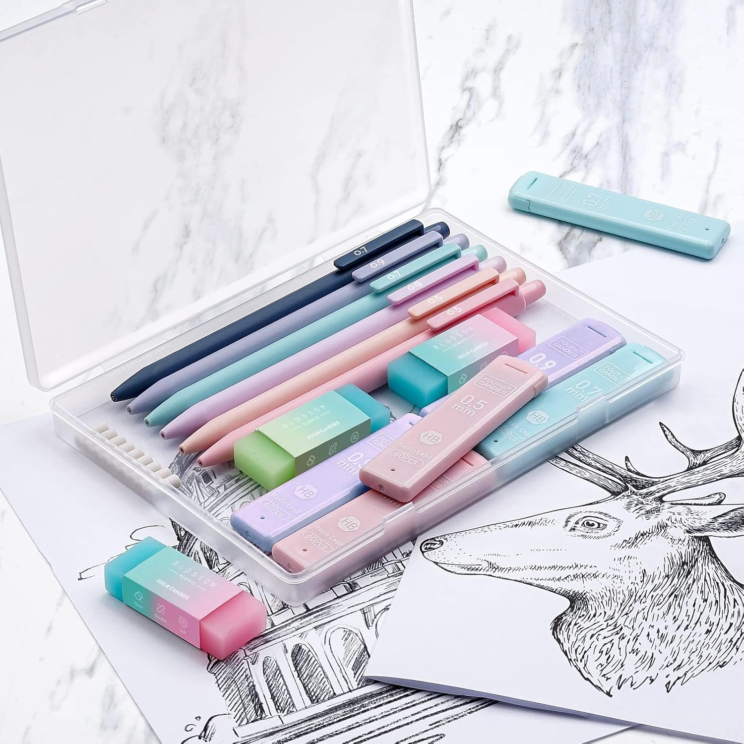 Cute Mechanical Pencil Set, 6-Pack with Case | 0.5/0.7/0.9mm with 360 Leads, 3 Erasers, 9 Eraser Refills, Back to