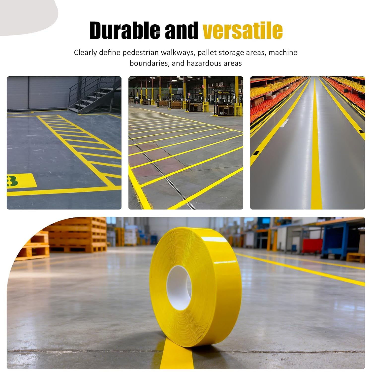 Yellow Floor Marking Tape，1.1mm Thick x 100 ft Long x 2 in Wide，Heavy Duty PVC Safety Tape for Warehouses, Storage &