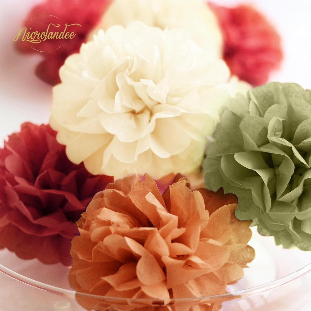 Fall Party Decorations, 12 PCS Pumpkin Orange Burgundy Sage Green Ivory Tissue Pom Poms Thanksgiving Decor for Home