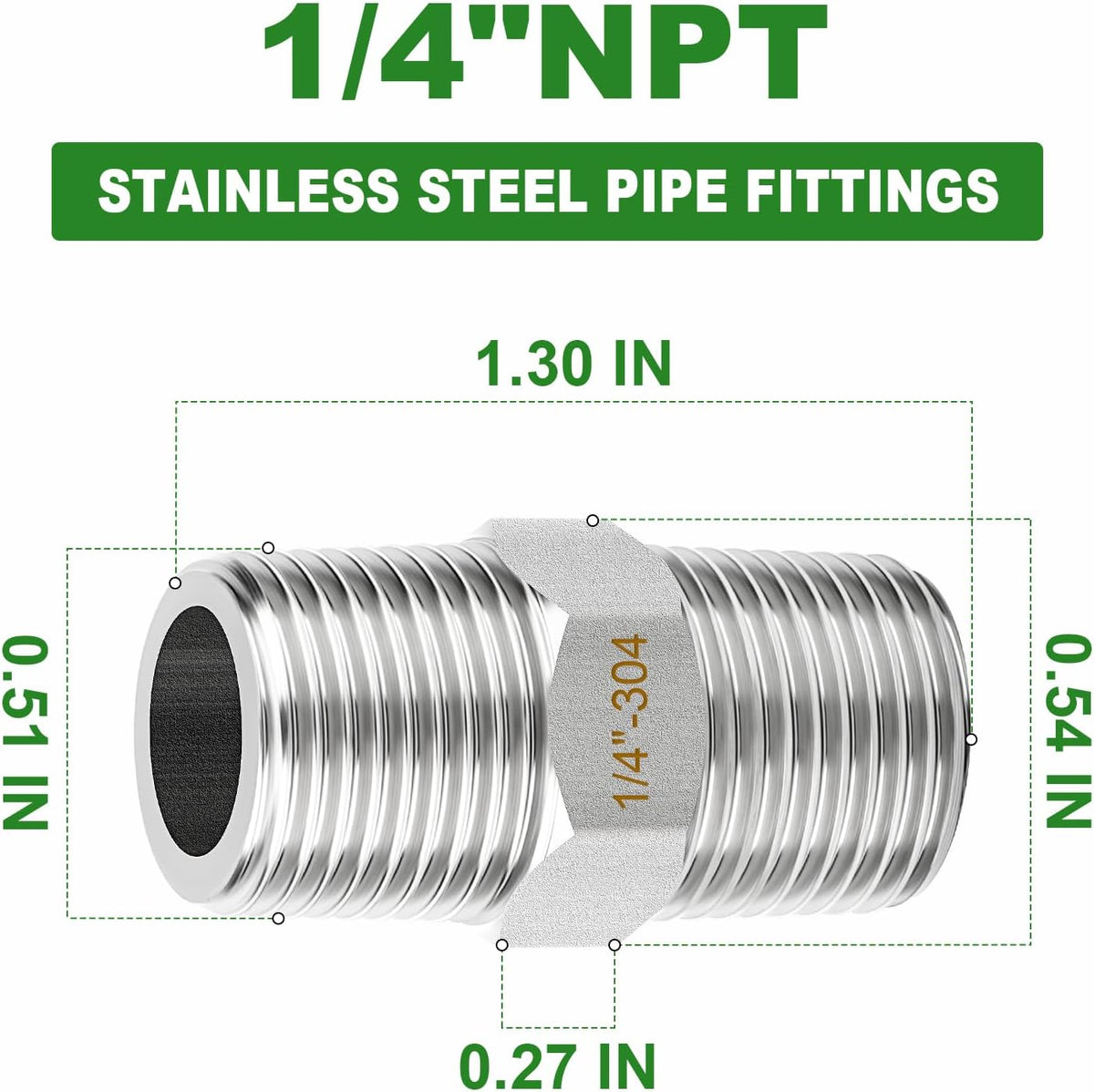 TAISHER 5PCS 304 SS New Hex Nipple,1/4" NPT Male, Pipe Adapter Fitting