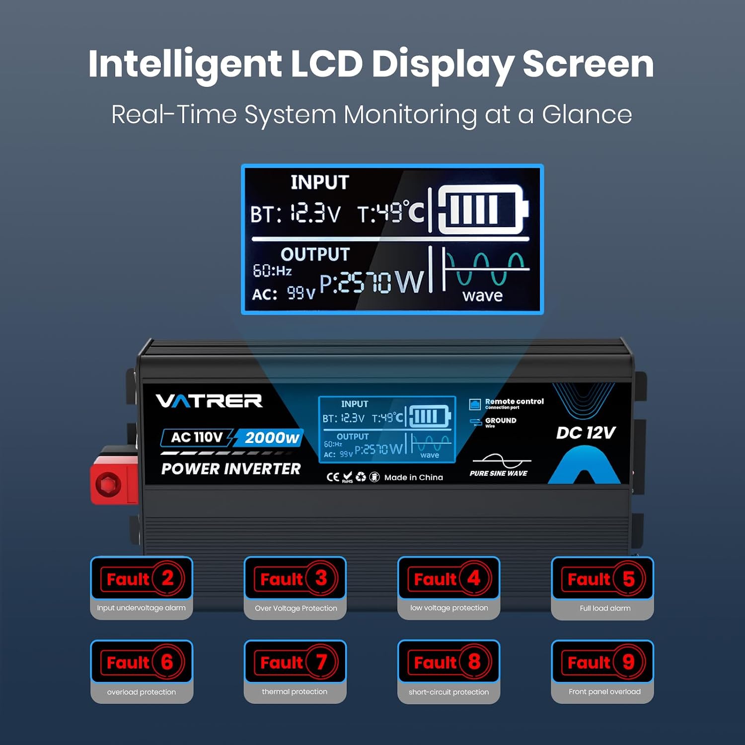 2000 Watt Pure Sine Wave Inverter 12V DC to 110V/120V AC Power Inverter | with LCD Screen, AC Outlets&USB Ports
