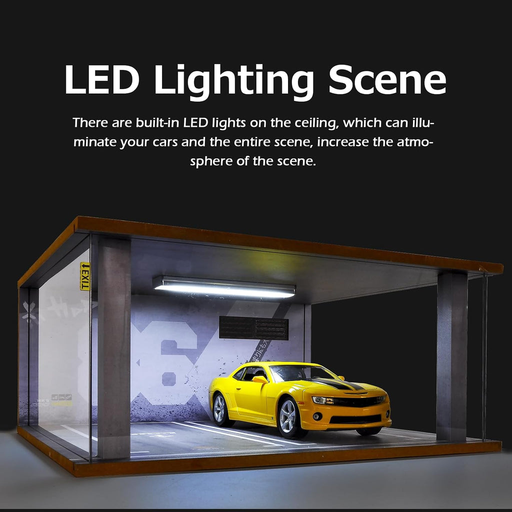 1/18 Scale Wooden Car Garage Display Case Garage Model | 2 Parking Spaces 1/18 Scale LED Light Feature Wooden Garage