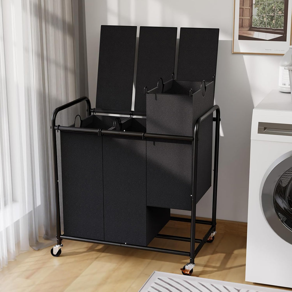 180L Laundry Sorter 3 Section with Lockable Wheels and Lid Black | 3 Large Separate Removable Bags | Heavy Duty