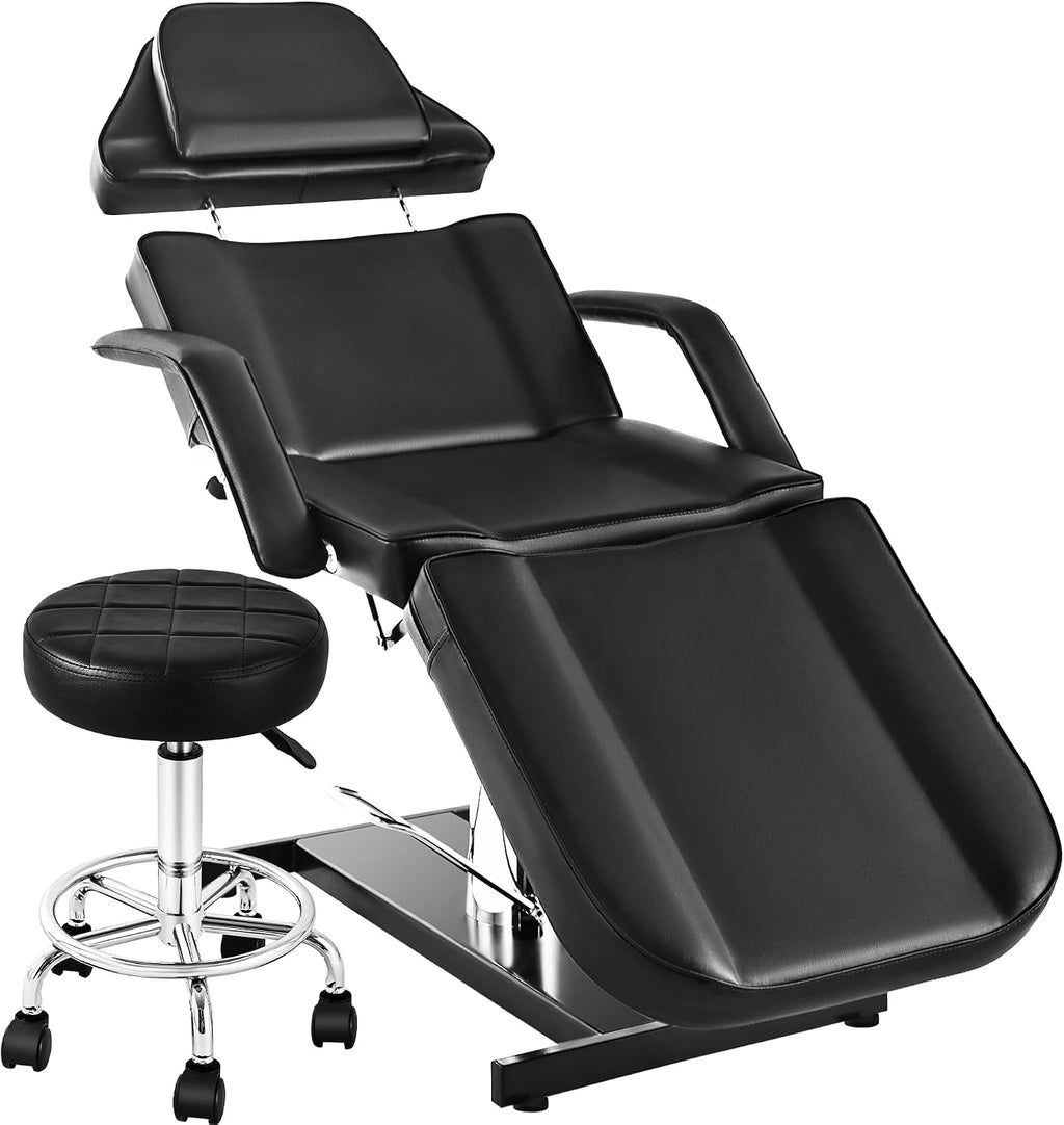 Facial Tattoo Chair for Client, Hydraulic Esthetician Lash Bed with Rolling Stool, 360° Swivel Adjustable Headrest