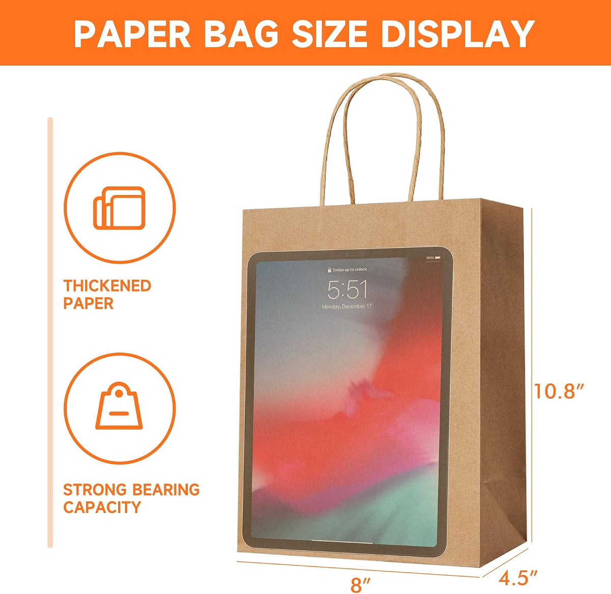100Pcs Brown Paper Bags with Handles, 8x4.5x10.8 Inch, Medium