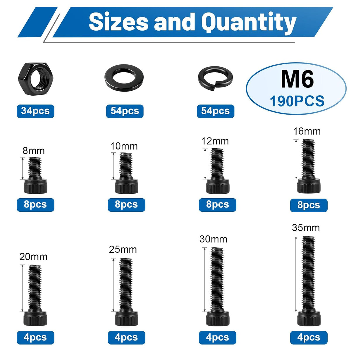 190PCS M6 Socket Bolts Nut Assortment Kit, M6x8/10/12/16/20/25/30/35mm