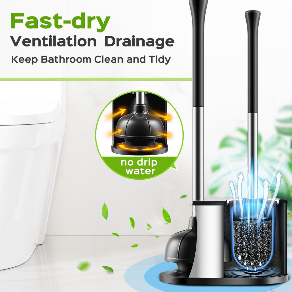 Toilet Plunger and Brush Set: Bathroom Powerful Cleaning Round Bristle Brush - Stainless Steel Heavy Duty Unclogging