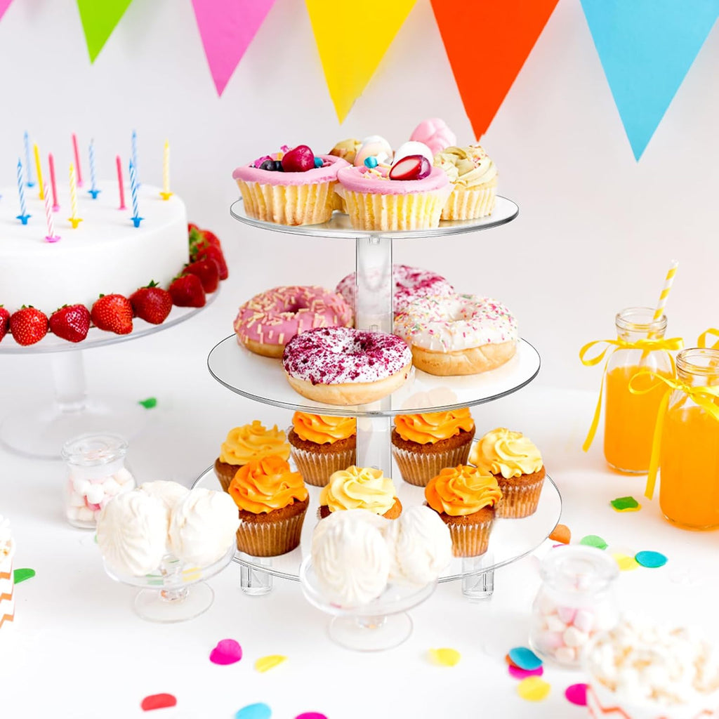 3 Tiers Round Cupcake Stand, Acrylic Cake Tower Stand Holder Macaron Display Rack Cookie Candy Buffet Desserts