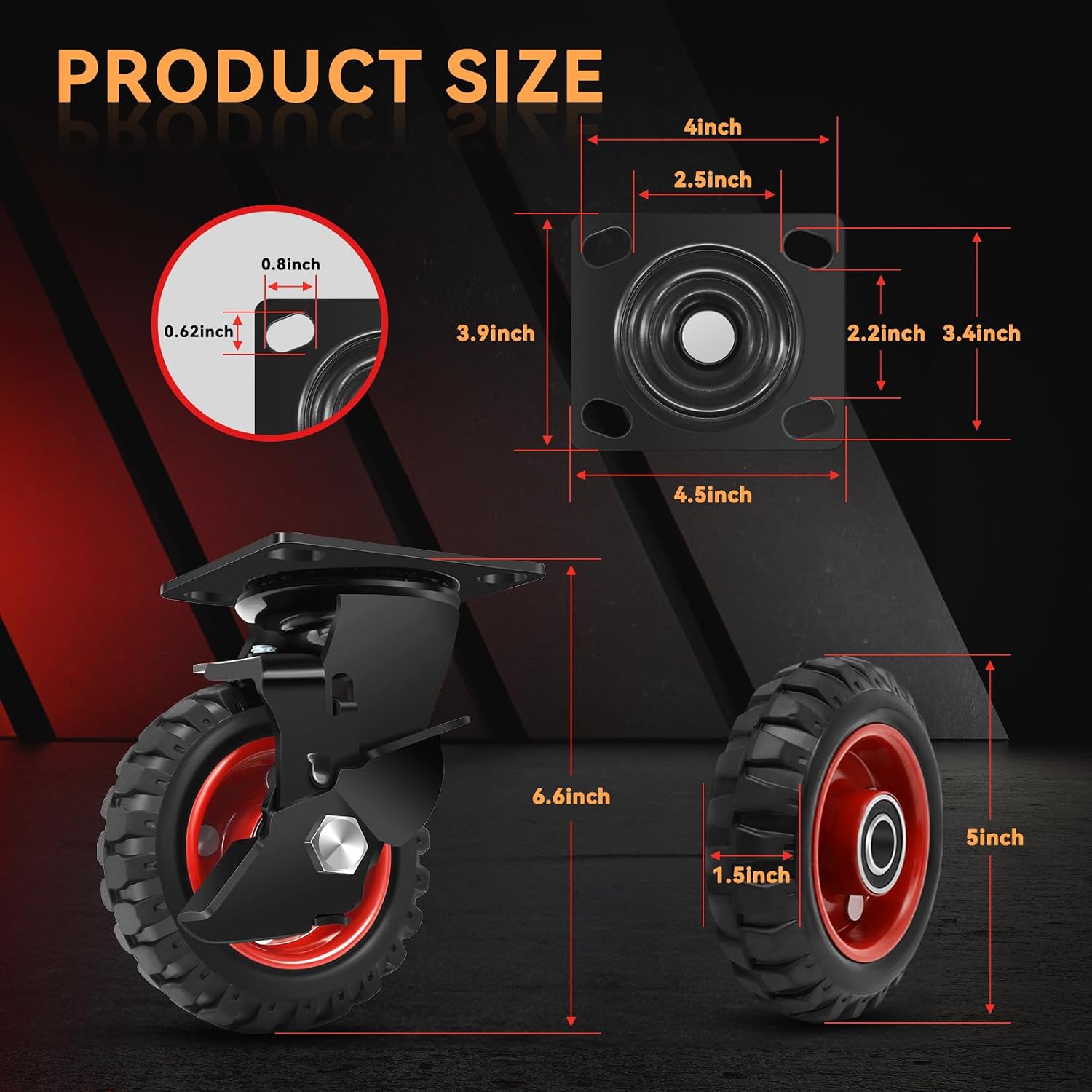 5 Inch Heavy Duty Caster Wheels Set of 4, 1080 LBS Outdoor Industrial Wheels Swivel Large Rubber Casters with Brake