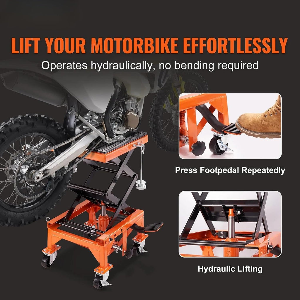 Hydraulic Motorcycle Lift Table, 350 LBS Capacity Motorcycle Scissor Jack Lift with Wide Deck, J-Hooks, 4 Wheels