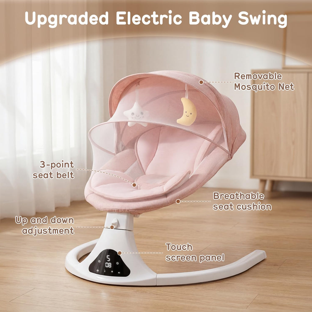 Electric Baby Swing with Remote Control,5 Speeds&Portable&Cozy(0-12M,Pink) | Safety lock&secure harness,12