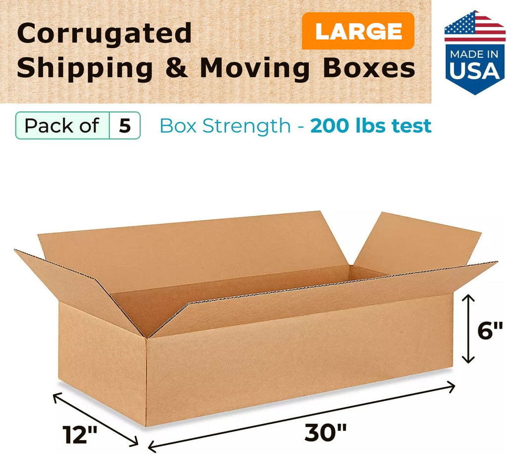 Large Shipping & Moving Boxes 30 x 12 x 6 inches (5-Pack) - Extra Strength 200 lb vs Regular - Corrugated Shipping