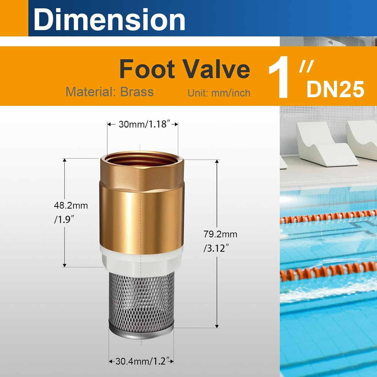 2 Pack 1" DN25 Brass Foot Valve with Strainer, Check Valve