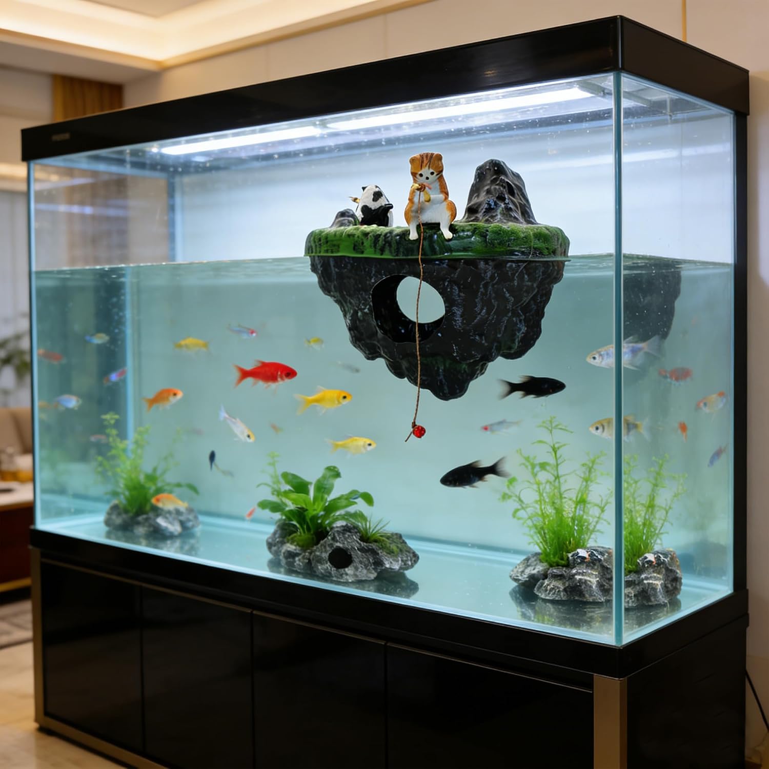Aquarium Floating Island, Aquarium Decor, Cat Fishing Fun Fish Tank Decorations, Aquarium Cave Fish Hideout for Betta
