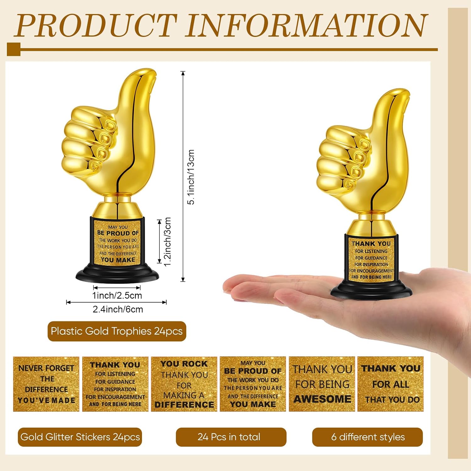 24 Pcs Thumbs up Award Trophies 5 Inch Plastic Gold Trophy Cups Bulk for Staff or Adults Party Favors with