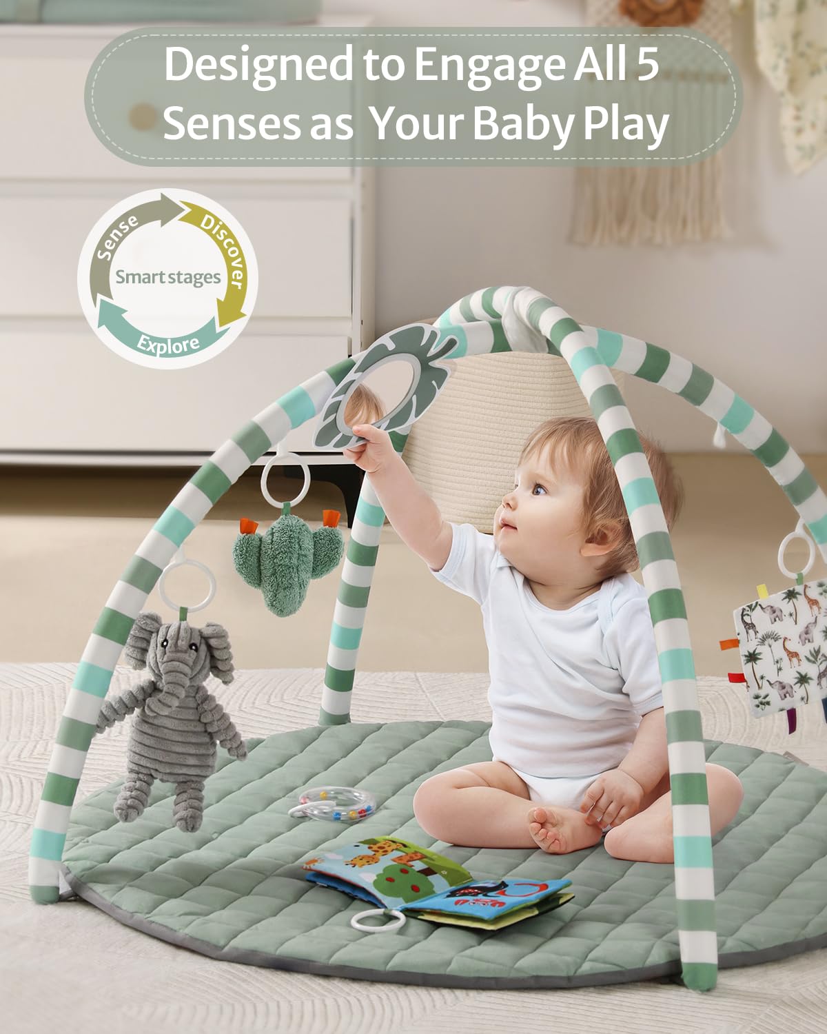 Baby Play Gym Mat, Play Mat Activity Mat with 6 Detachable Toys for Stage-Based Sensory & Motor Skill Development