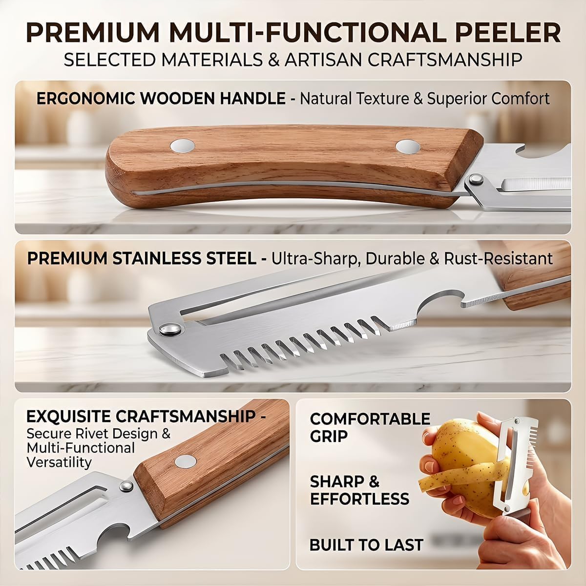 Premium Vegetable Peeler with Wooden Handle and Bottle Opener, Multi-Functional Vegetable Peeler for Kitchen, Kitchen