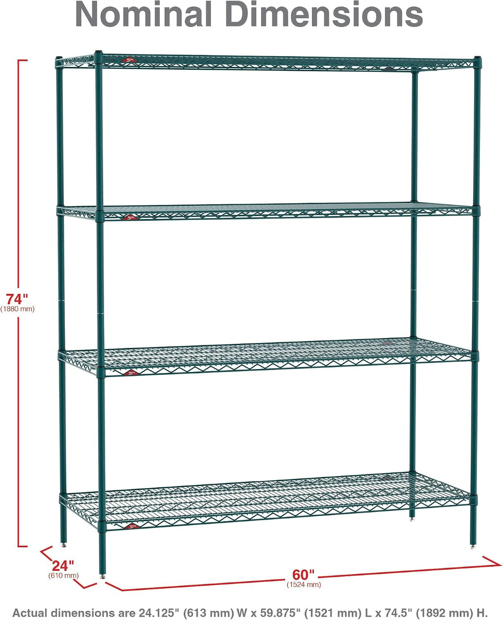 Super Erecta 60" W x 24" D x 74" H Metroseal Green Epoxy Wire Shelving Unit, 4 Tier, 2000 lbs. Capacity, NSF Listed