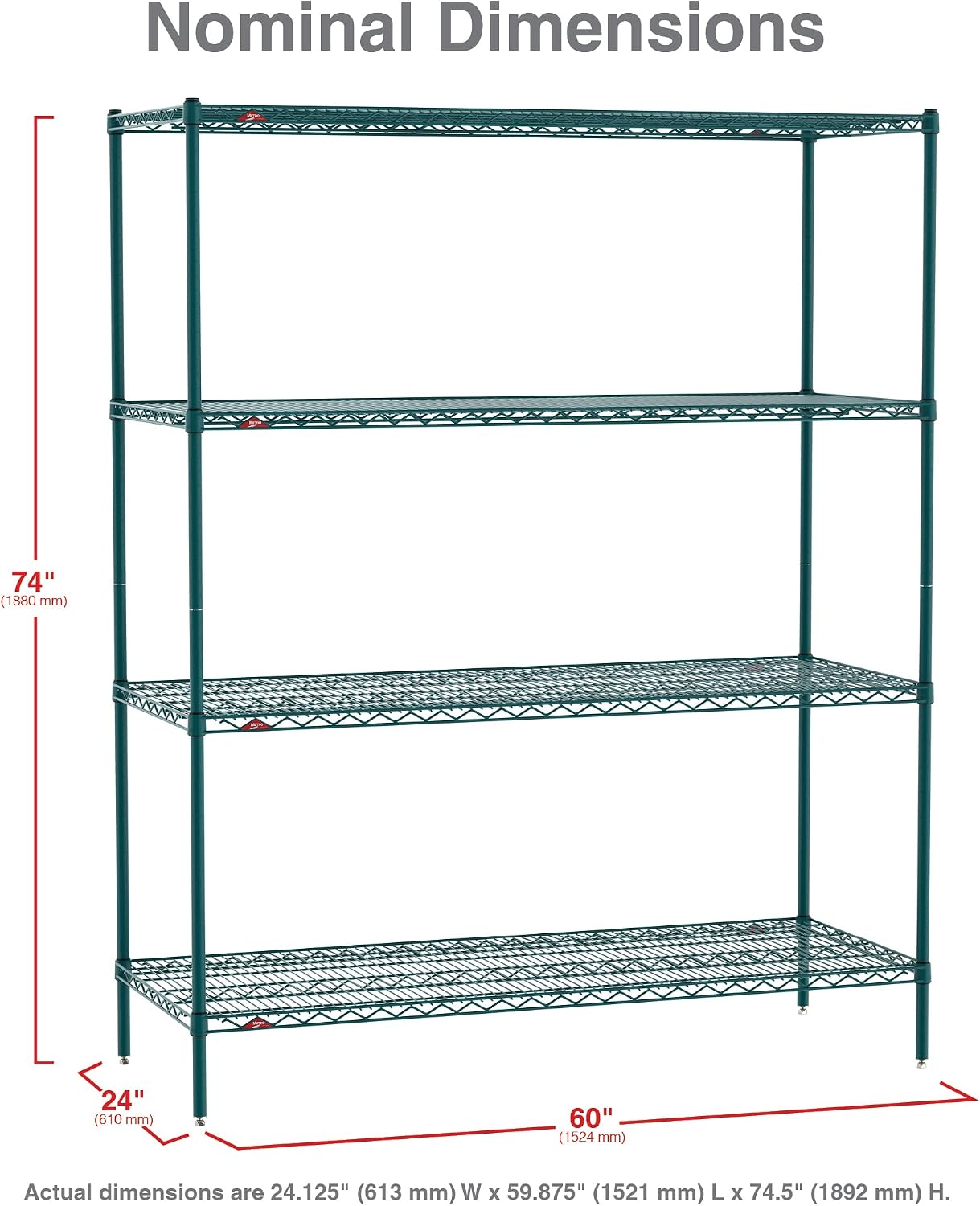 Super Erecta 60" W x 24" D x 74" H Metroseal Green Epoxy Wire Shelving Unit, 4 Tier, 2000 lbs. Capacity, NSF Listed