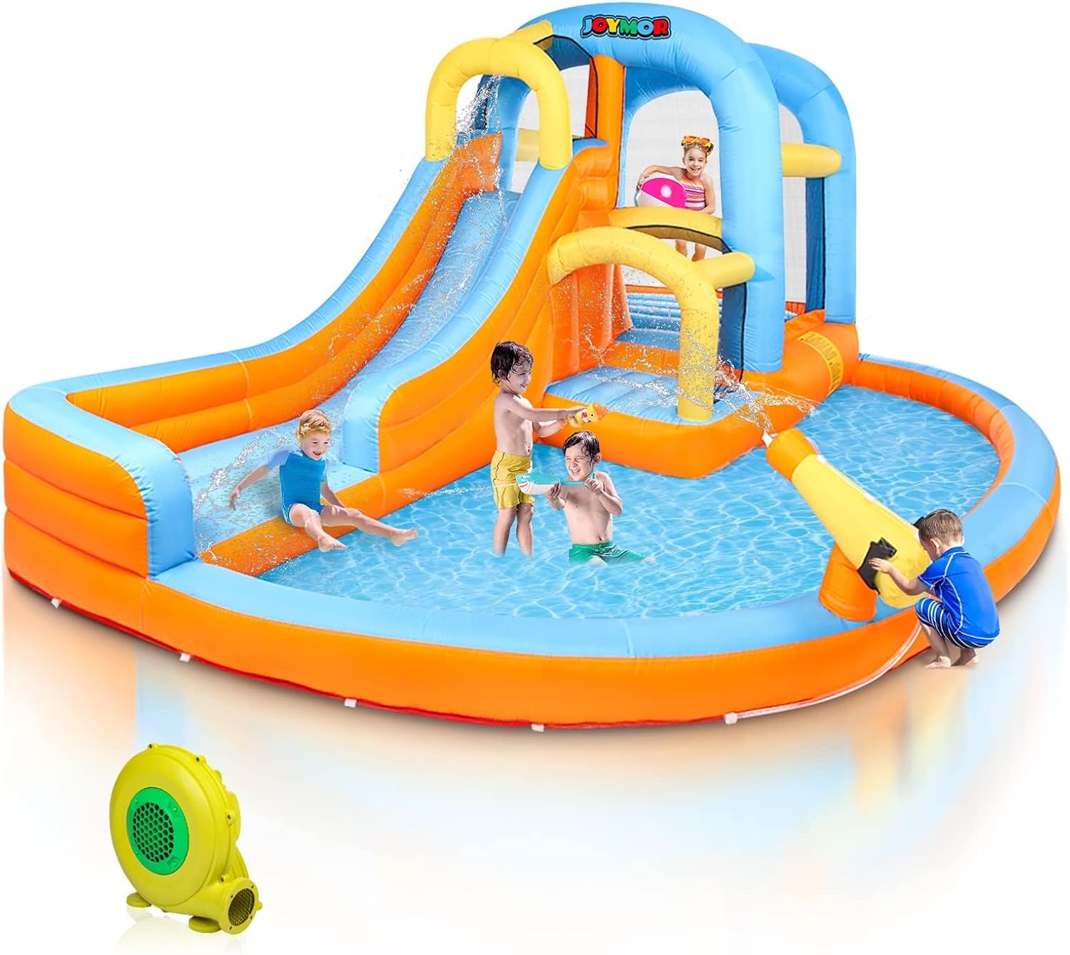 5-in-1 Inflatable Water Slide Park, Water Bounce House w/Air Blower, Climbing Wall, Double Jump Area, Splash Pool