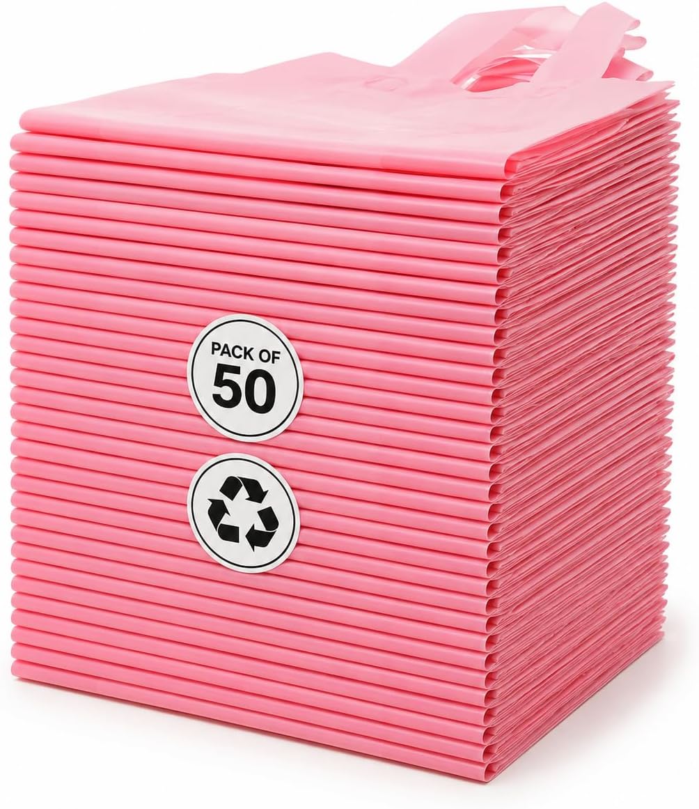 Pink Plastic Gift Bags, Frosted, 16x6x12, 50 Pack