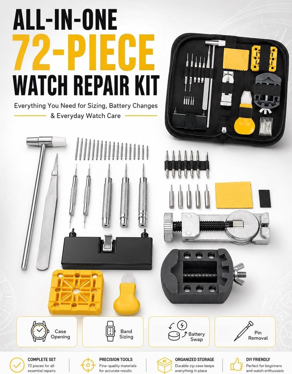 Complete 72-Piece Watch Repair Kit, Fix, Adjust Revive Making | Link Removal Accessories, Battery Replacement Tool