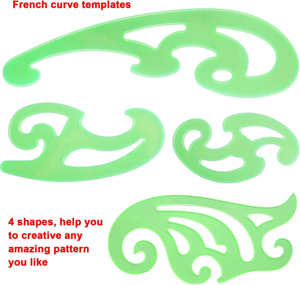 9 Pieces Drawings Templates French Curve Geometric Templates | Measuring Rulers Clear Green Plastic Rulers for