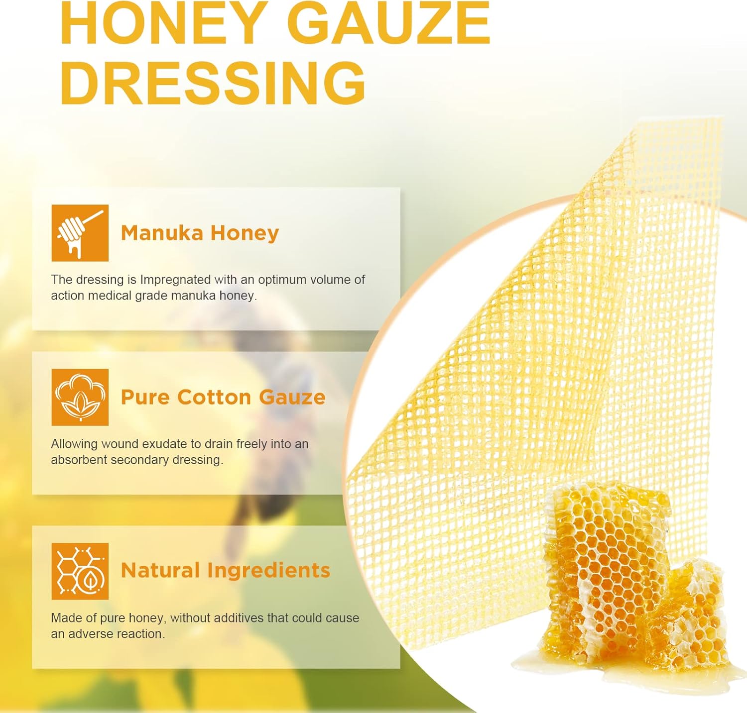 Honey Gauze Wound Dressing, 4" x 4" Manuka Honey Wound Care, Medical Grade Honey Bandages for Wound Care, Honey Patch