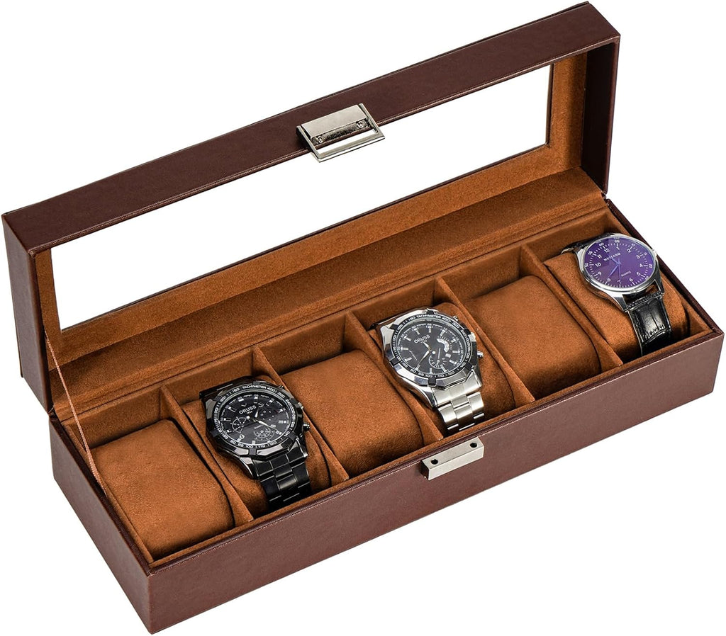 Watch Box, 6 Slot Mens Watch Display Case, Espresso | Watches Collection Storage Holder Organizer for Men Women