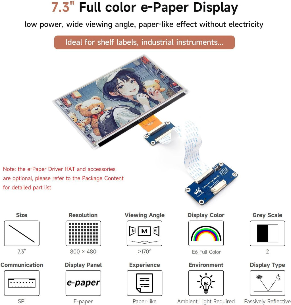 Waveshare 7.3" E-Paper Display Module, Compatible with Raspberry Pi 4/5/3/Zero/Zero 2/Pico/Nano, Support Jetson Orin Nano