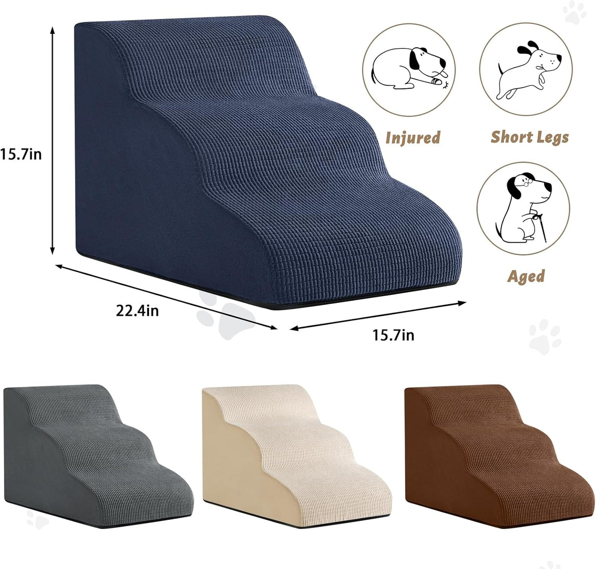 Dog Stairs and Steps for Beds Or Couches, 3-Step Pet Stairs & Steps for Small Dogs and Cats, Soft and Non-Slip Dog