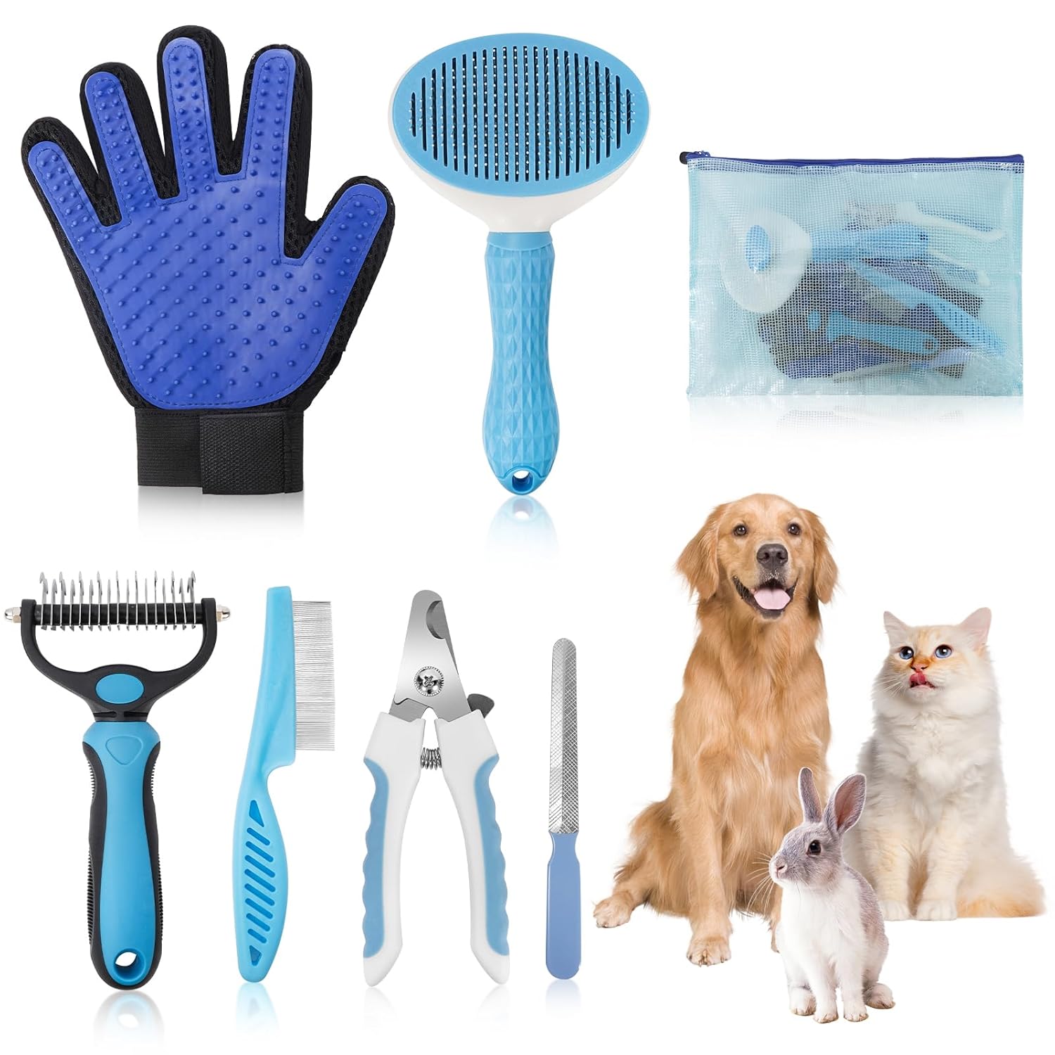 7-in-1 Pet Grooming Kit–Cat Brush,Dog Brush for Shedding,Double-Sided Flea Comb,Dog Nail Trimmers,Dog Bath