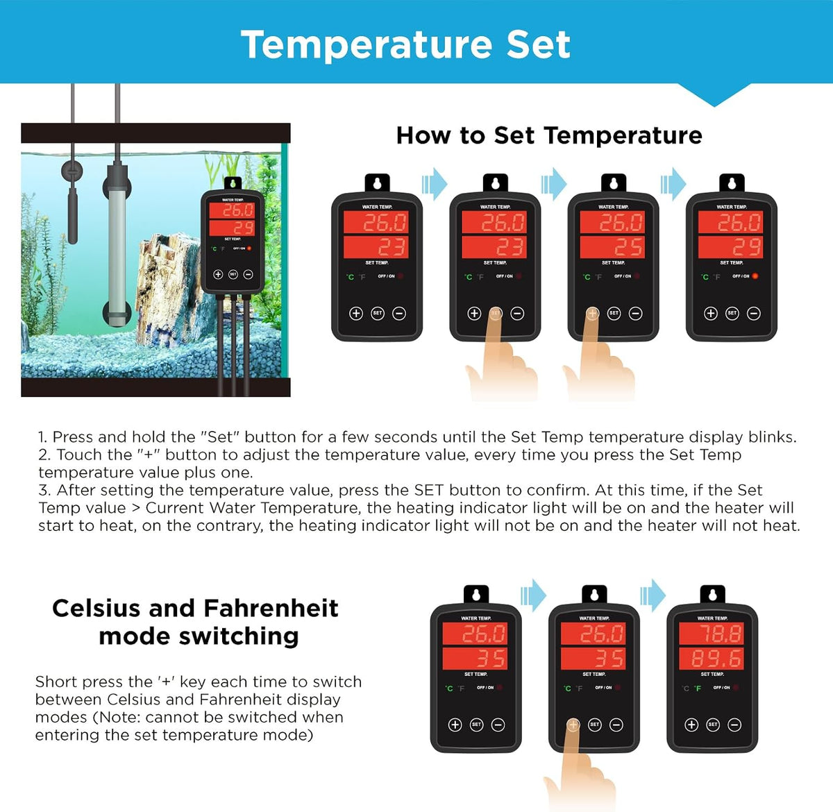 Titanium Aquarium Heater 800W, Submersible Fish Tank Heater with Digital Display Temperature Controller, 0℃-40℃