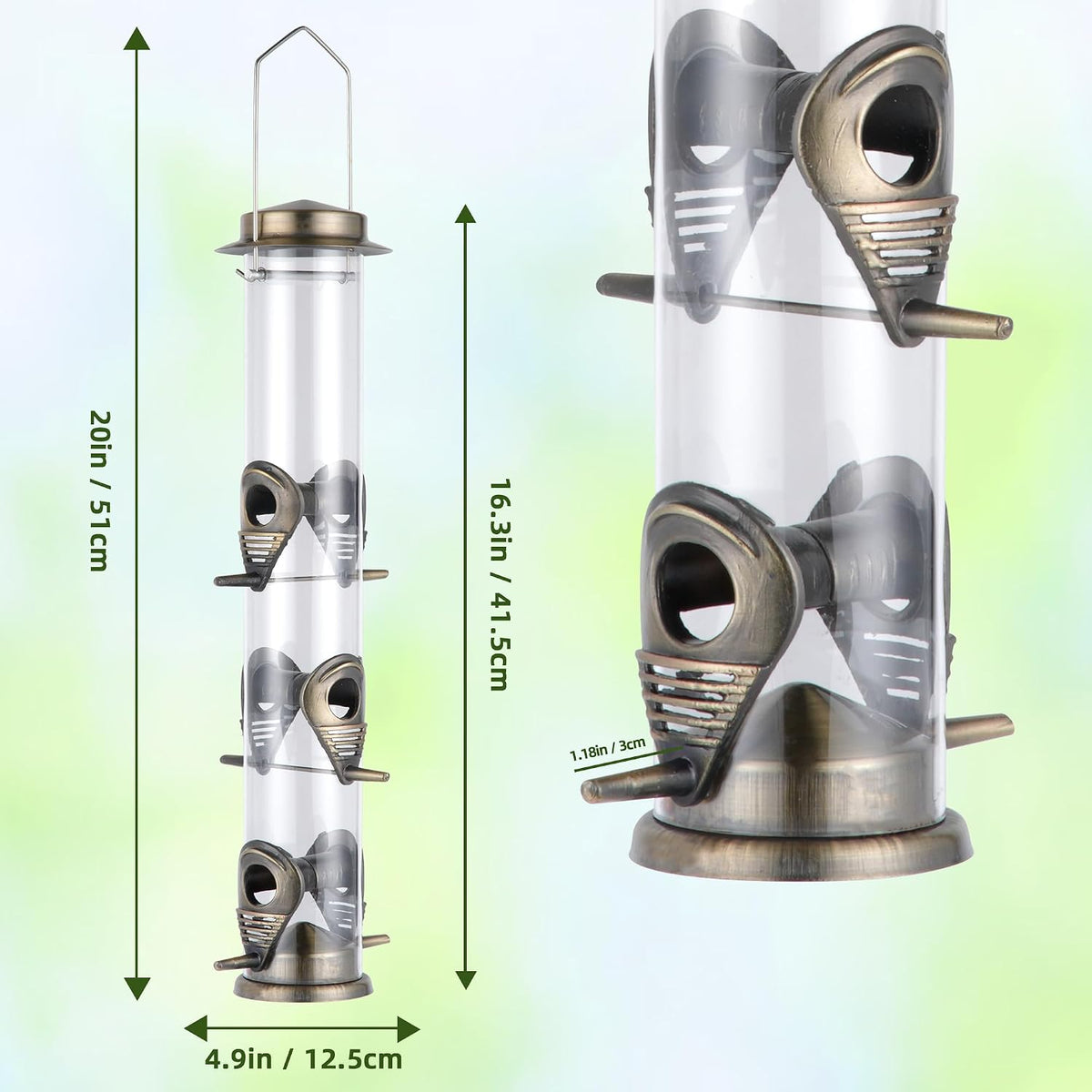 2PK Metal Bird Feeders with 6 Feeding Ports,Tube Bird Feeder with Steel Hanger,Hard Plastic Wild Bird Feeder for