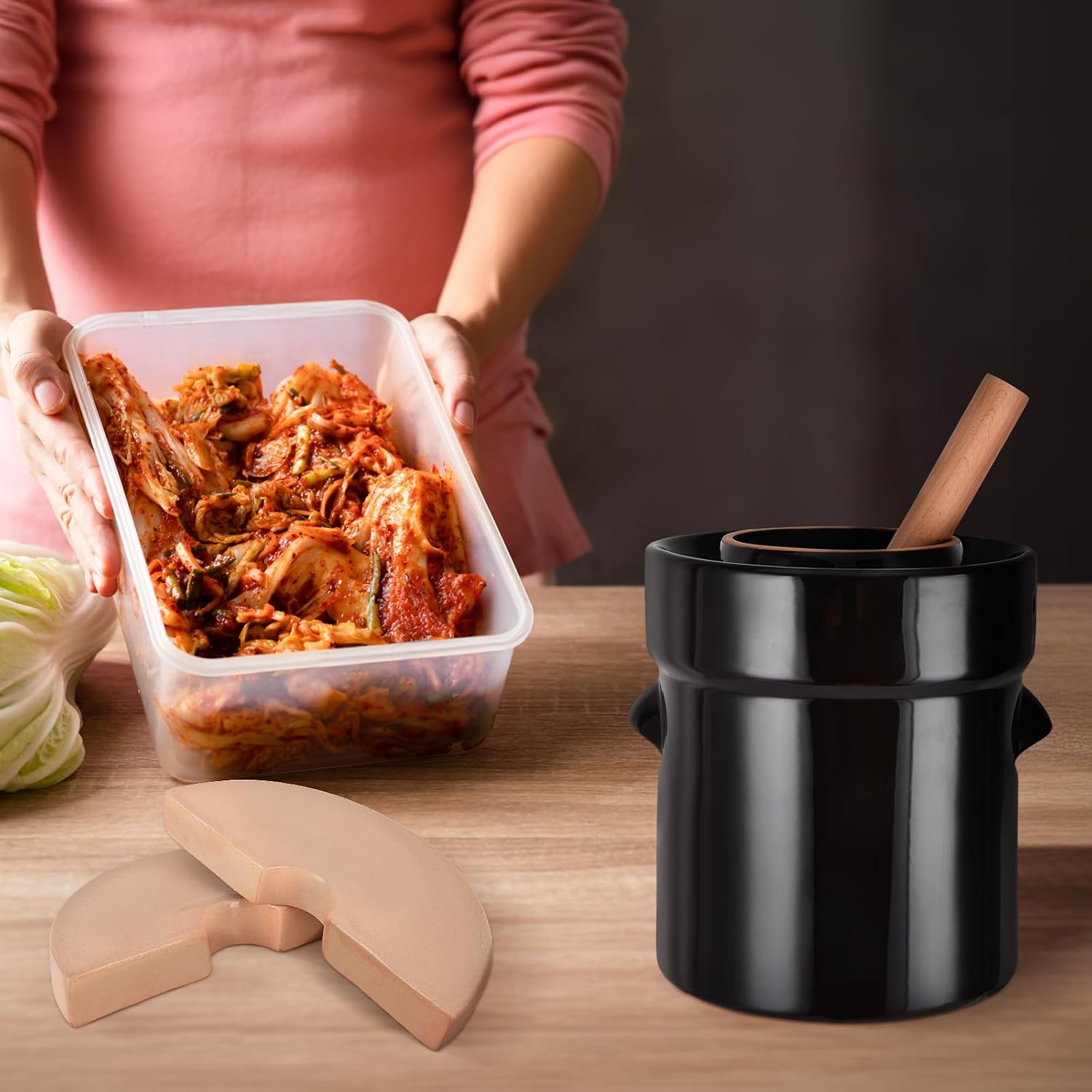 Fermentation Crock 2 Liter / 0.5 Gallon, Sauerkraut Crock with Lid, Weights & Pounder - Ceramic Fermenting Crock Kit