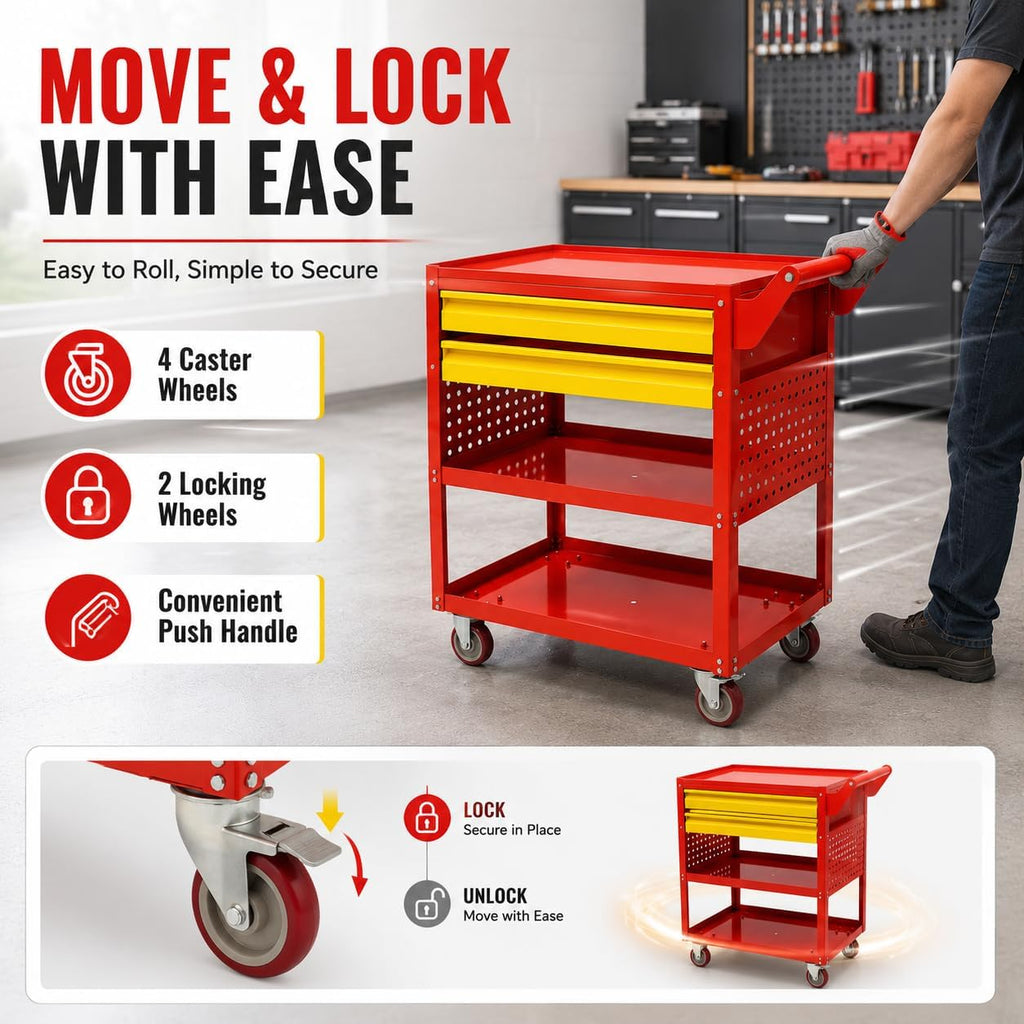 Rolling Tool Cart 400lbs Capacity, 5-Tier Steel Utility Service Cart with 2 Drawers, Heavy Duty Workshop Storage