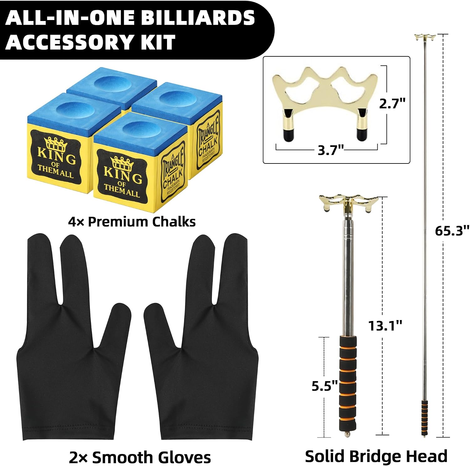Pool Cue Bridge Head Kit with 2 Billiard Gloves & 4 Cue Chalks | Billiard Accessory Set for Pool Table, Smooth Stroke