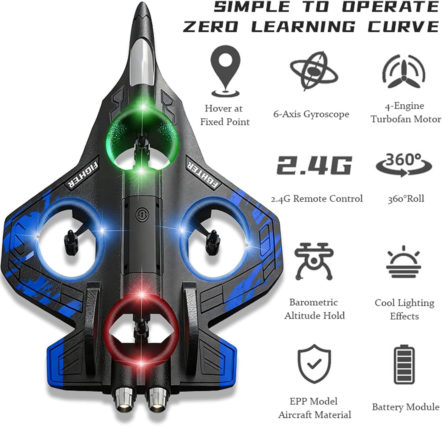 RC Plane, Foam Remote Control Airplane for Hobbyists Pilots Beginners | 2.4GHz RC Airplane Fighter Jet Drone with LED