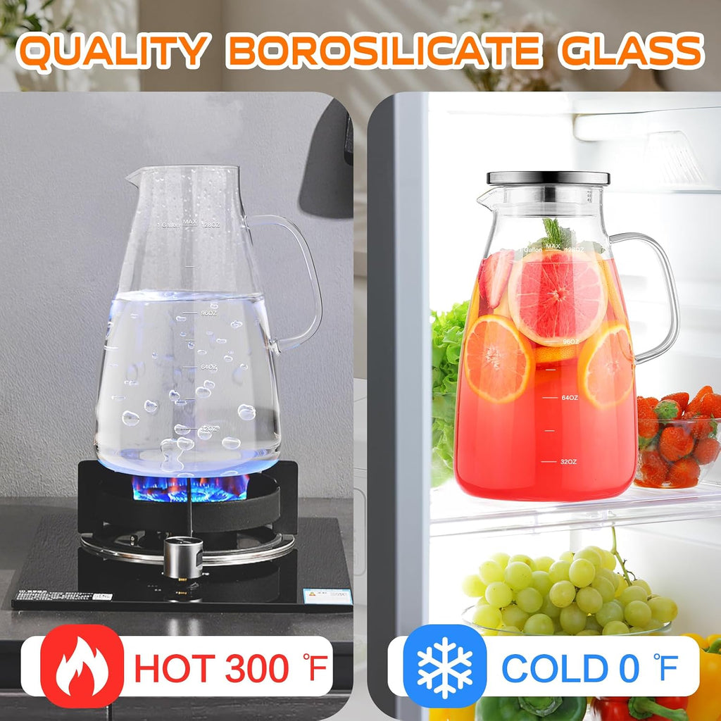 Glass Pitcher with Lid and Handle, Glass Water Pitchers, 1 Gallon