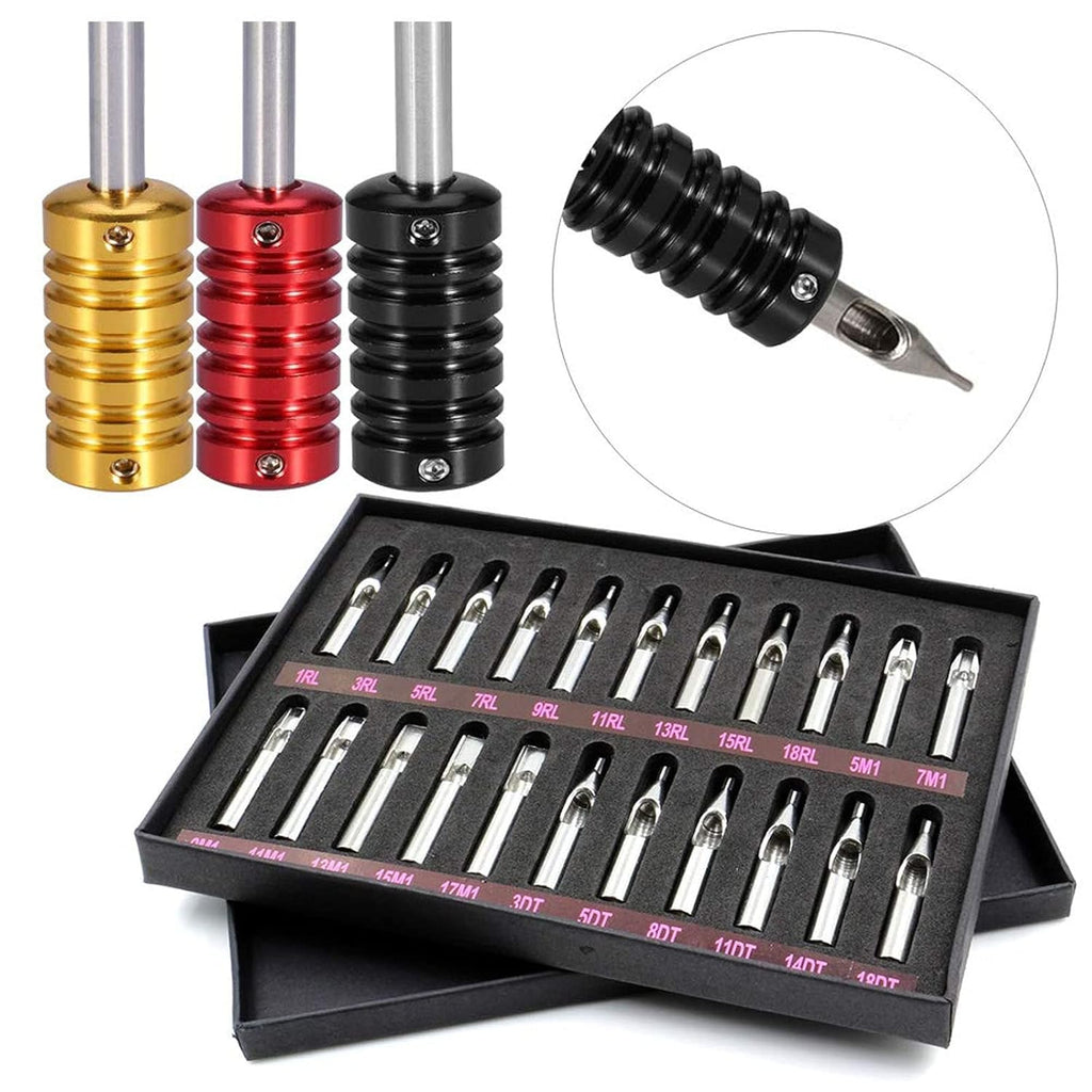 Traditional Tattoo Tips and Grips - 3 Pcs Aluminum Grips & 22 Pcs Stainless Steel Tips (Round, Diamond, Magnum, RT
