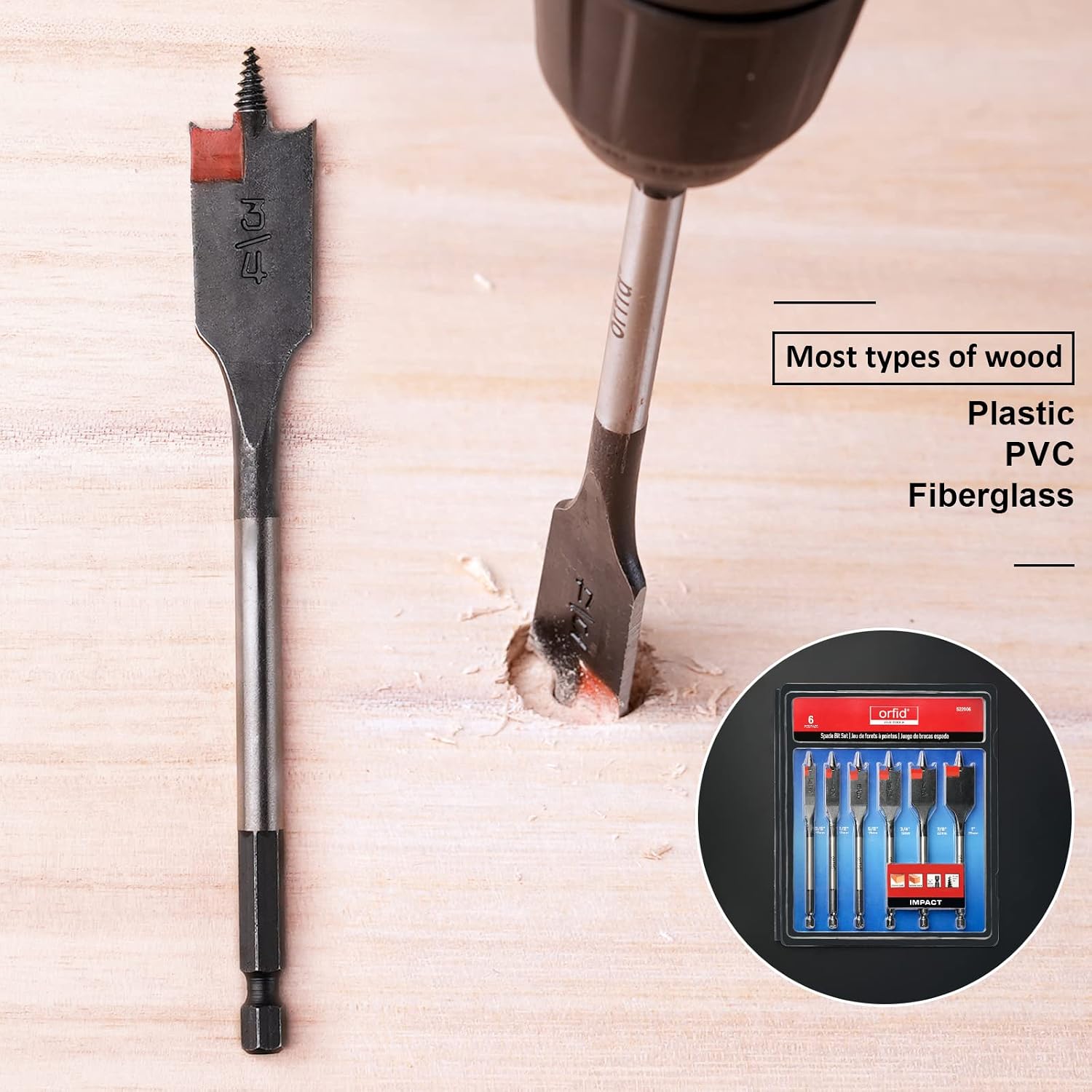 6 pc Standard Spade Bit Drill Bit Set,Threaded Spade Bit with Quick Change Shank for Hole Cutter Woodworking