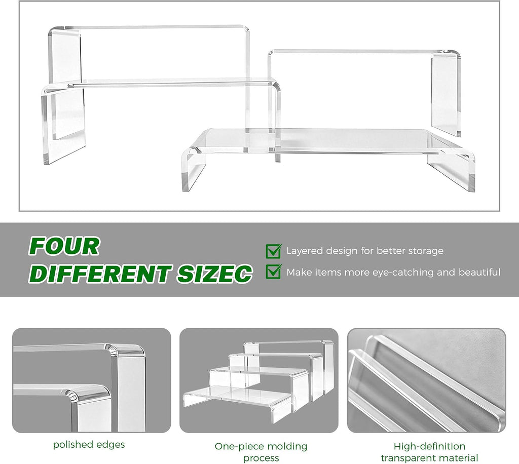 4-Pack Clear Acrylic Riser Stands – Tiered Rectangular Display Shelves for Perfume, Figures & Jewelry, 4 Graduated